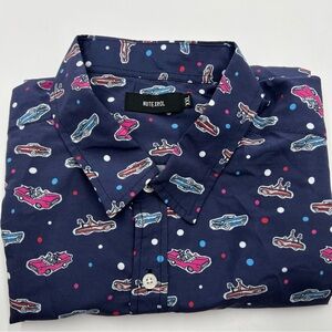 Nutexrol Mens XXL Navy Blue Vintage Car  Print‎ Short Sleeve Button Shirt NWOT